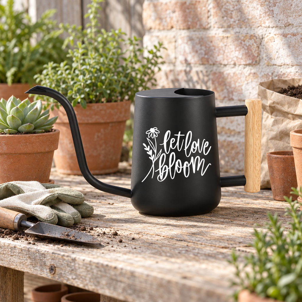 buy watering can let love bloom teal online, vibrant teal finish with embossed floral motif, modern tapered design with comfortable grip handle, rust-resistant coating for durability, great for patio plants and window boxes, unique gift for home gardeners