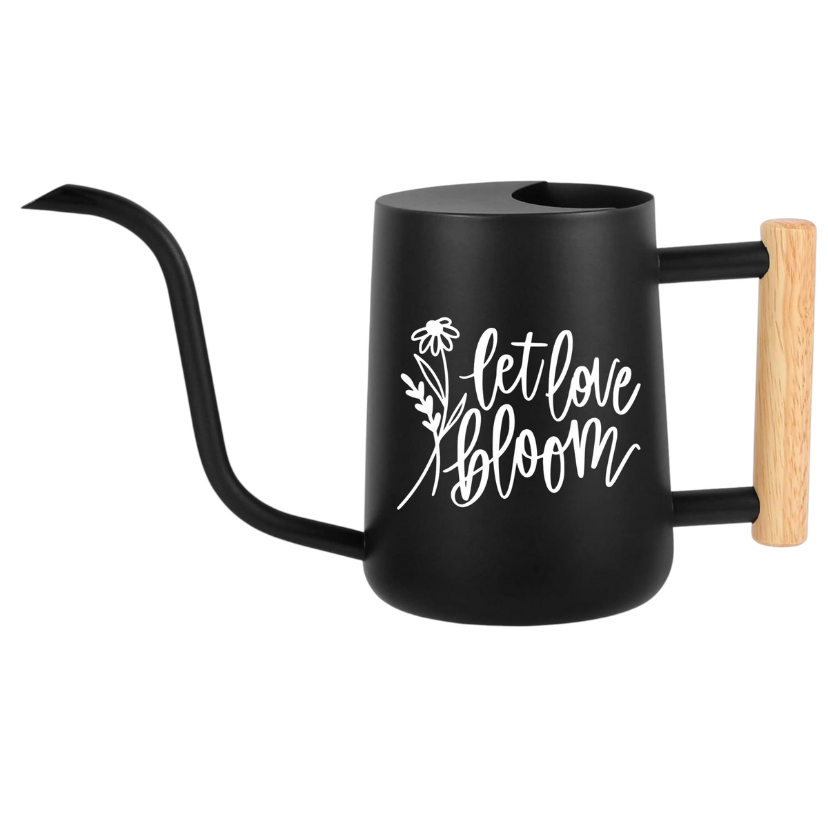 gray watering can let love bloom for sale, contemporary gray matte finish with romantic print, sturdy metal construction with reinforced spout, medium-sized capacity ideal for daily watering, perfect for balcony gardens and potted arrangements, excellent gift for minimalist plant lovers