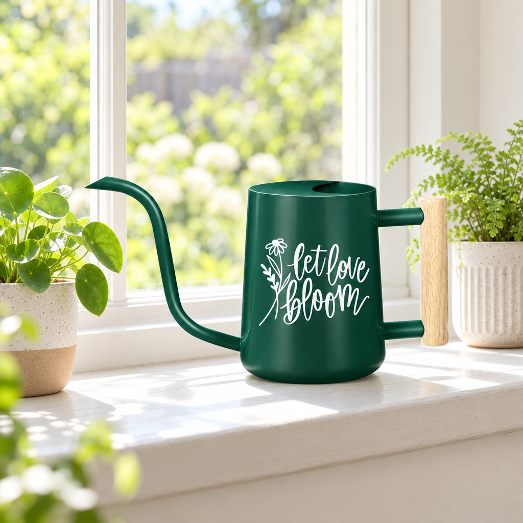 buy watering can let love bloom black online, matte black finish with eye-catching floral graphics, compact lightweight design for small spaces, 1.5-liter capacity with easy-pour spout, ideal for succulent collections and indoor herb gardens, wonderful gardening gift for apartment dwellers