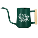 gray watering can let love bloom for sale, soft gray muted tone with romantic floral print, contemporary minimalist shape with functional spout, durable powder-coated metal with sealed seams, ideal for mixed container gardens and patio displays, excellent gift for modern home gardeners