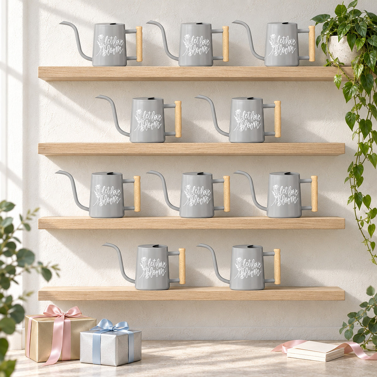 gray 30-pack pack of watering can - let love bloom for sale, industrial concrete-look finish, sturdy construction, timeless aesthetic, perfect for rustic table settings, thoughtful appreciation gift
