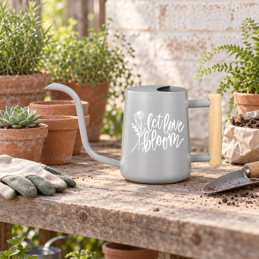 buy watering can let love bloom teal online, rich teal powder-coated finish with blooming heart design, lightweight aluminum body with non-slip handle, long reach spout for hard-to-access plants, perfect for hanging baskets and elevated planters, charming gift for eco-conscious gardeners
