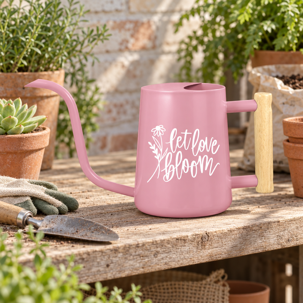 buy watering can let love bloom black online, glossy black exterior with love bloom typography, curved pouring spout with precision control, compact size for apartment dwellings, wonderful for tender seedlings and starter plants, special gift for new gardeners