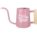gray watering can let love bloom for sale, soft gray muted tone with romantic floral print, contemporary minimalist shape with functional spout, durable powder-coated metal with sealed seams, ideal for mixed container gardens and patio displays, excellent gift for modern home gardeners