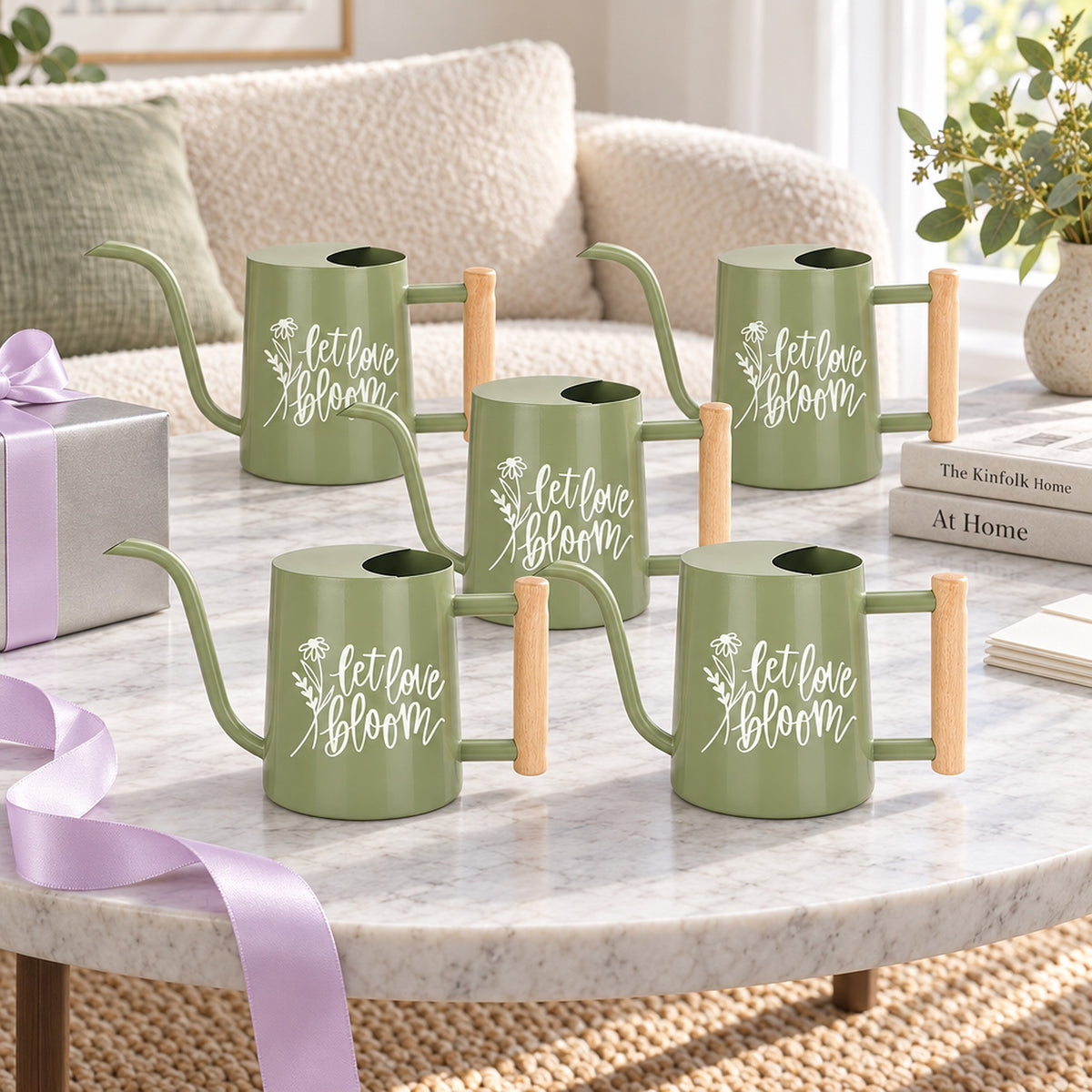 buy pack of watering can - let love bloom dark green 5-pack online, deep botanical shade, sturdy iron material, traditional watering spout, great for desk accessories, charming gardener gift