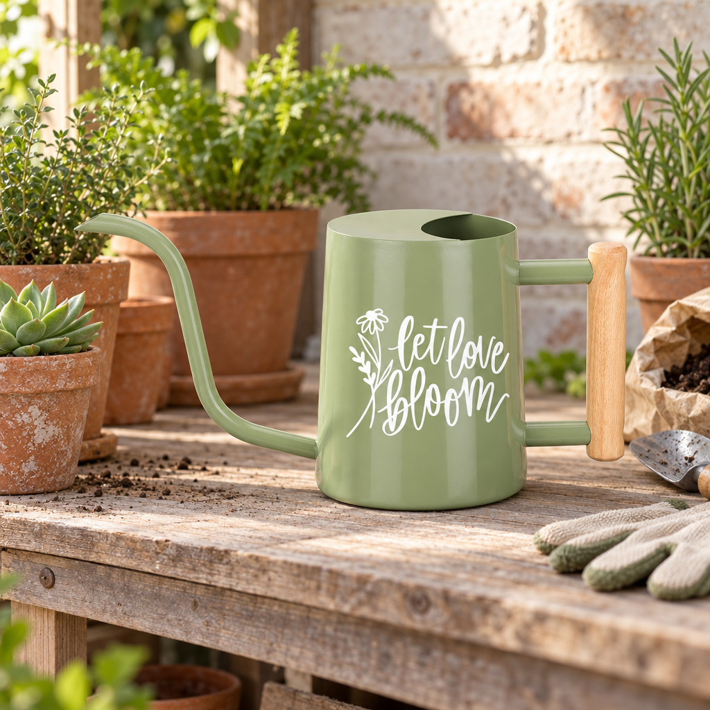 buy watering can let love bloom teal online, deep teal lacquered finish with love bloom design, ergonomic handle with thumb rest for comfort, galvanized steel construction with anti-rust treatment, great for greenhouse and nursery plants, special gift for dedicated plant collectors