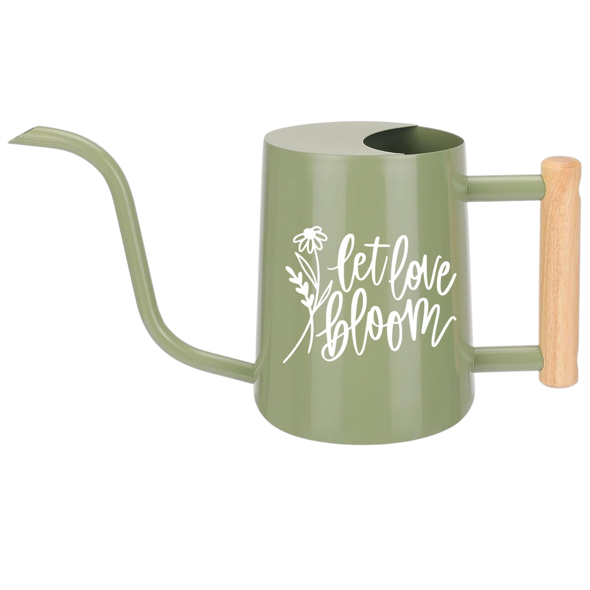 gray watering can let love bloom for sale, soft gray muted tone with romantic floral print, contemporary minimalist shape with functional spout, durable powder-coated metal with sealed seams, ideal for mixed container gardens and patio displays, excellent gift for modern home gardeners