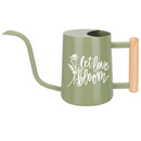 gray watering can let love bloom for sale, soft gray muted tone with romantic floral print, contemporary minimalist shape with functional spout, durable powder-coated metal with sealed seams, ideal for mixed container gardens and patio displays, excellent gift for modern home gardeners