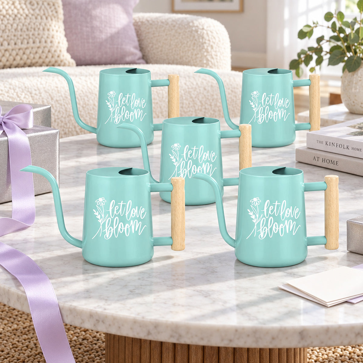 buy pack of watering can - let love bloom 5-pack pink online, durable metal construction, compact size for favors, smooth pastel finish, ideal for indoor table decor, beautiful housewarming gift