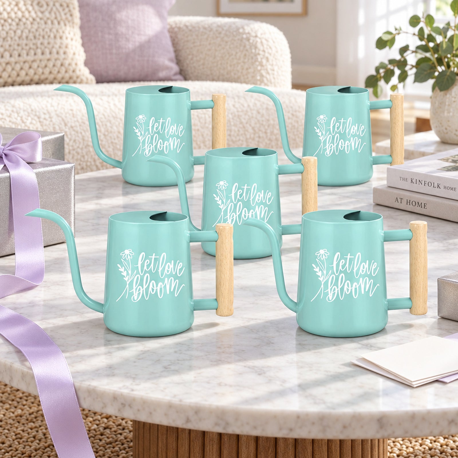 buy pack of watering can - let love bloom 5-pack pink online, durable metal construction, compact size for favors, smooth pastel finish, ideal for indoor table decor, beautiful housewarming gift