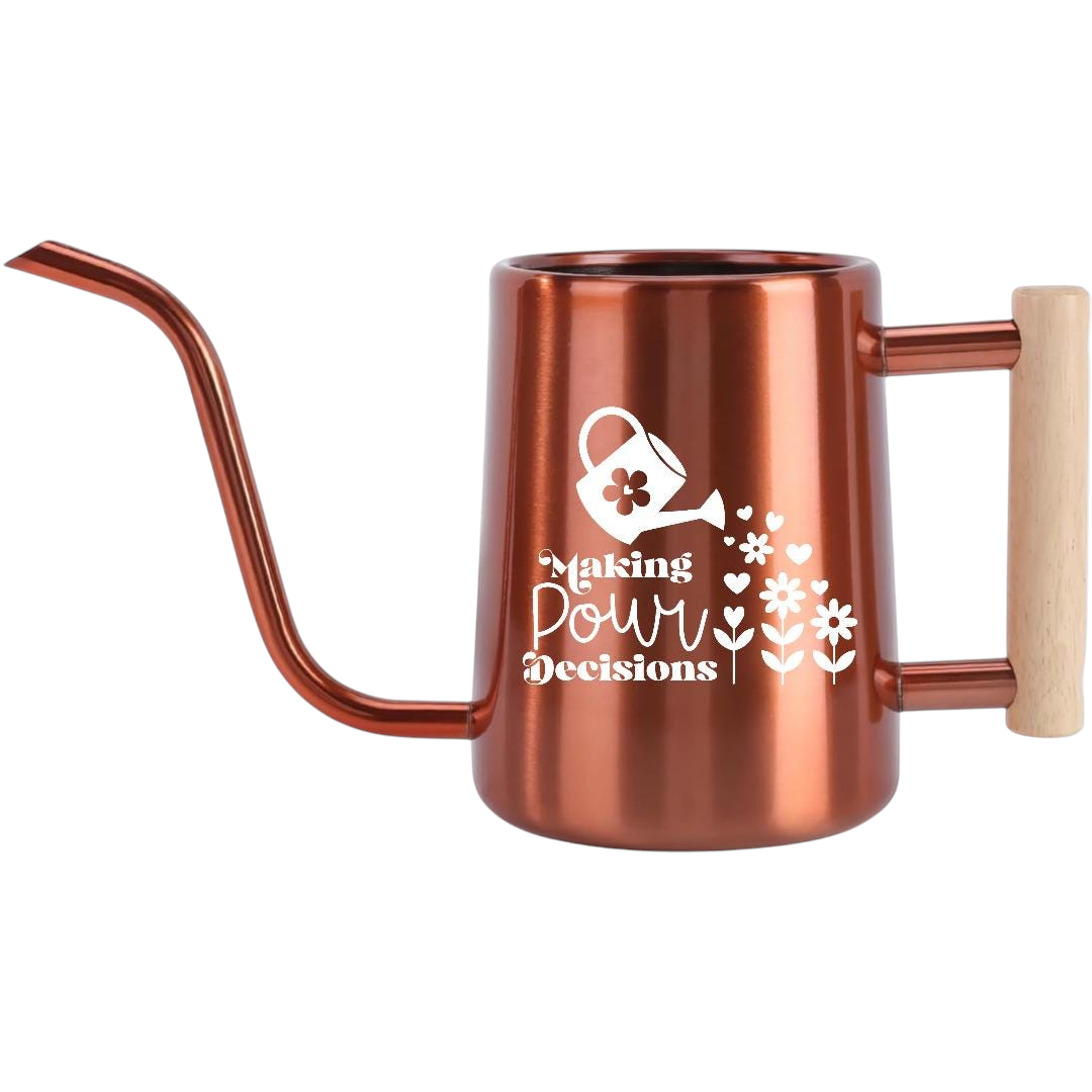 orange Watering Can - Making Pour Decisions for sale, coral orange durable exterior with detachable shower head, 2-liter volume, versatile all-purpose style, perfect for varied garden watering needs, unique gift for multi-plant owners