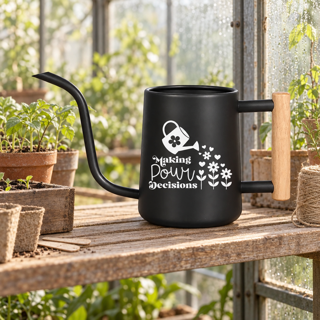 buy Watering Can - Making Pour Decisions black online, sleek matte black finish with ergonomic handle, 2-liter capacity, modern minimalist design, ideal for indoor and outdoor planters, great gardening gift for humor enthusiasts