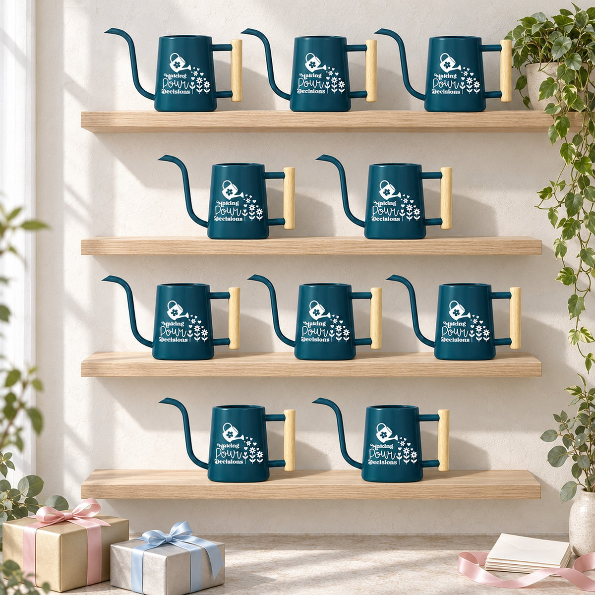 5-pack pack of watering can making pour decisions black for sale, set of five black watering cans, sleek monochrome look, compact storage size, ideal for indoor planters, great gardening gift