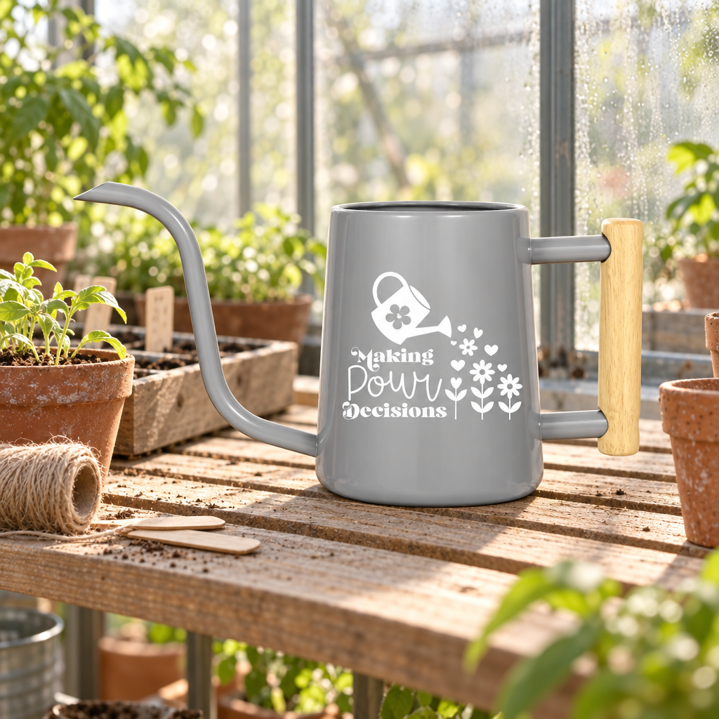 buy Watering Can - Making Pour Decisions black online, durable black polymer construction with long-reach curved spout, 3-liter capacity, functional streamlined shape, ideal for raised beds and outdoor gardens, great gift for outdoor enthusiasts