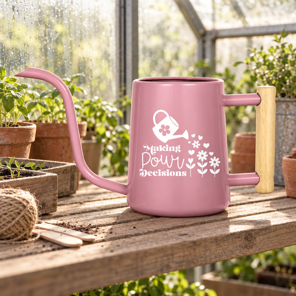 buy Watering Can - Making Pour Decisions gray online, neutral gray finish with detachable multi-head sprinkler, 2.5-liter volume, versatile practical design, great for hanging baskets and vegetable gardens, unique gift for sustainable gardeners