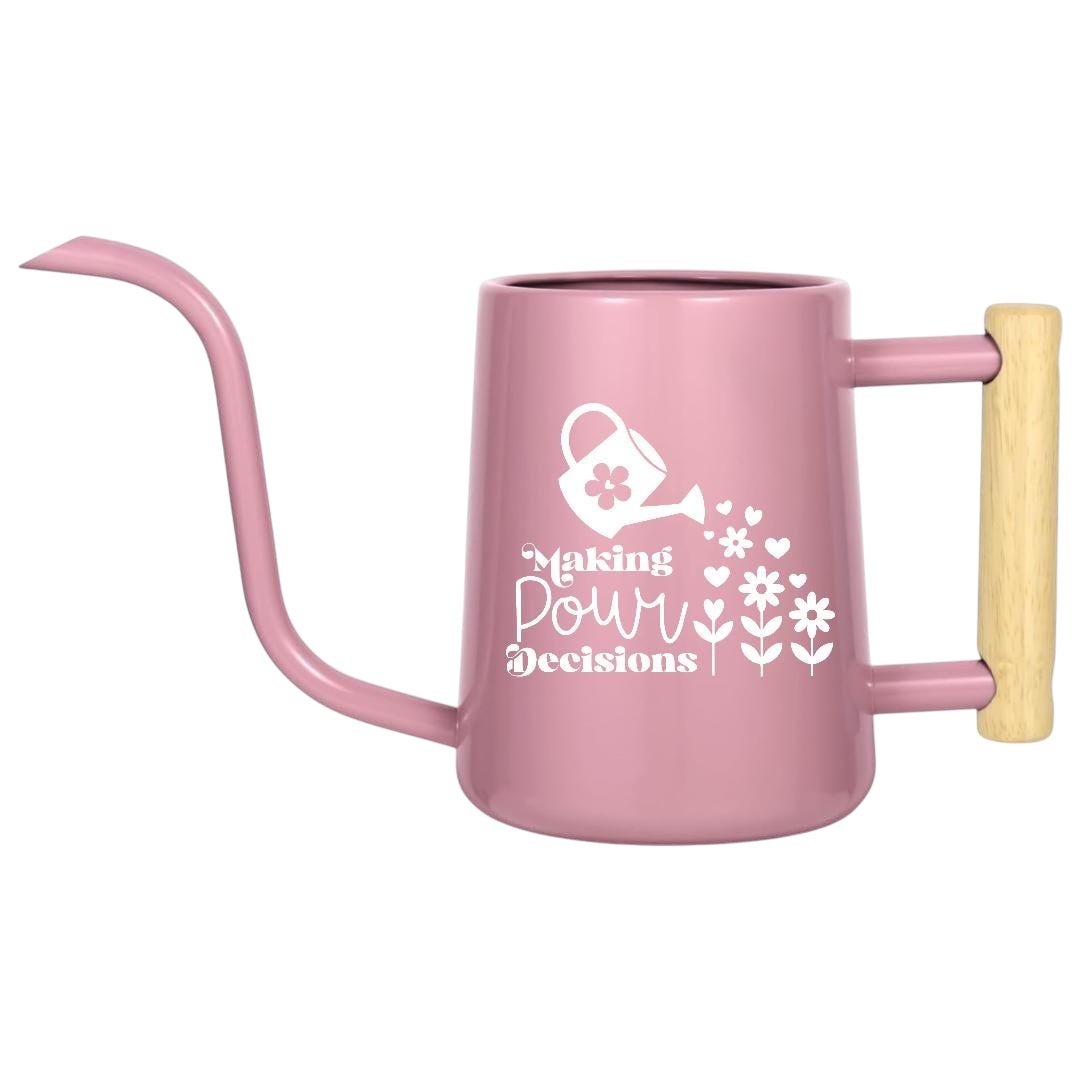 pink Watering Can - Making Pour Decisions for sale, soft pink premium finish with ergonomic two-handle design, 1.5-liter capacity, decorative cottage garden style, perfect for windowsill plants and terrace containers, beautiful gardening gift