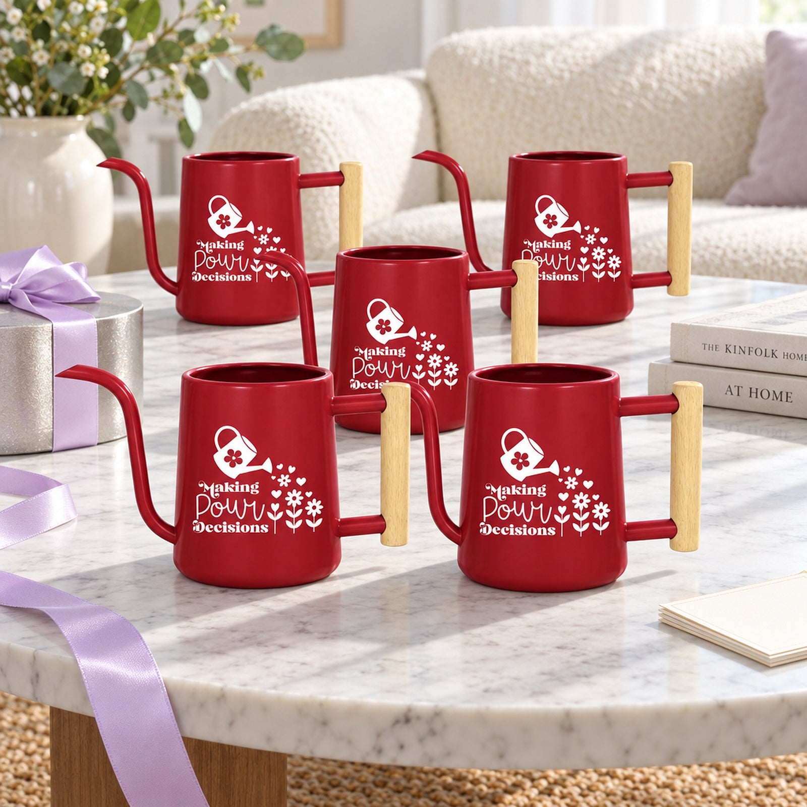 buy pack of watering can making pour decisions 5-pack online, set of five durable watering vessels, lightweight plastic construction, compact handheld size, ideal for indoor planters, great gardening gift