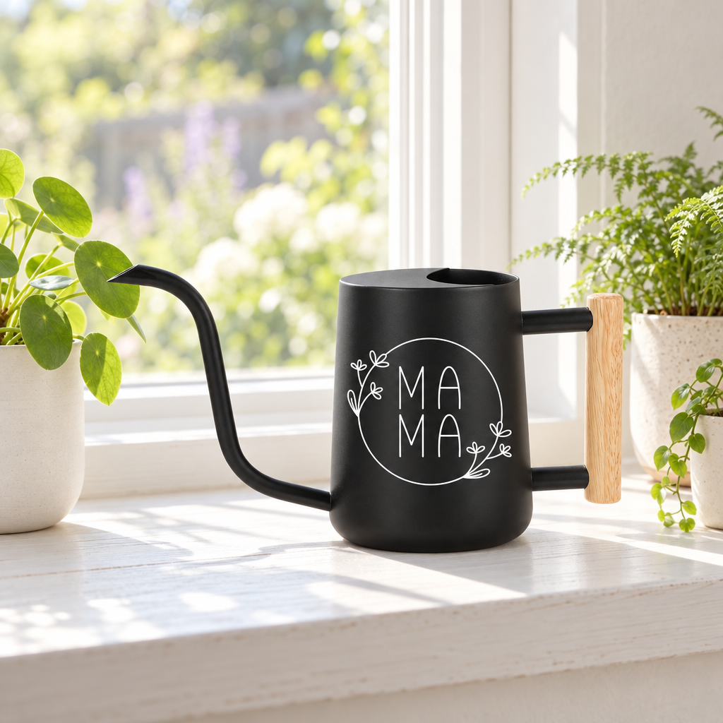 buy watering can mama floral black online, sleek black finish with floral design, ergonomic spout for precise watering, durable plastic construction, ideal for indoor planters and potted flowers, perfect gardening gift for plant enthusiasts