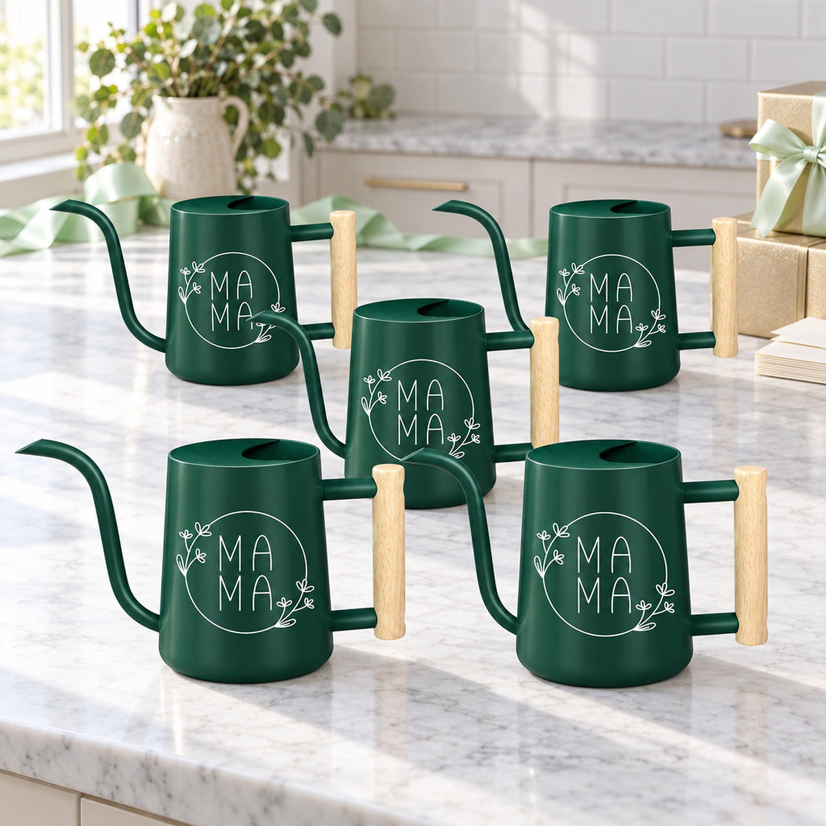 buy pack of watering can - mama floral 5-pack sage green online, soft muted green hue, weather-resistant outdoor plastic, detachable sprinkler rose nozzle, ideal for decorative shelf displays, unique plant lover gift