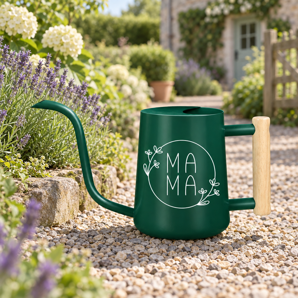 emerald green watering can mama floral for sale, rich emerald green with elegant mama floral motif, sturdy construction with long reach spout, contemporary design aesthetic, ideal for indoor and outdoor potted arrangements, wonderful gift for home gardeners