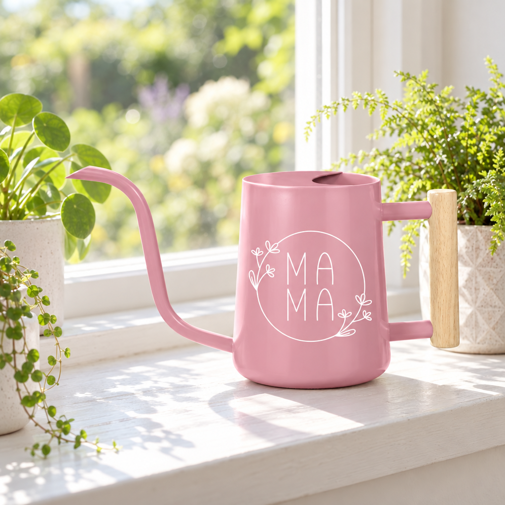 buy watering can mama floral pink online, charming pink hue with botanical mama floral illustration, smooth finish with comfortable grip handle, practical 1-gallon capacity, perfect for nurturing container gardens, beautiful present for gardening lovers
