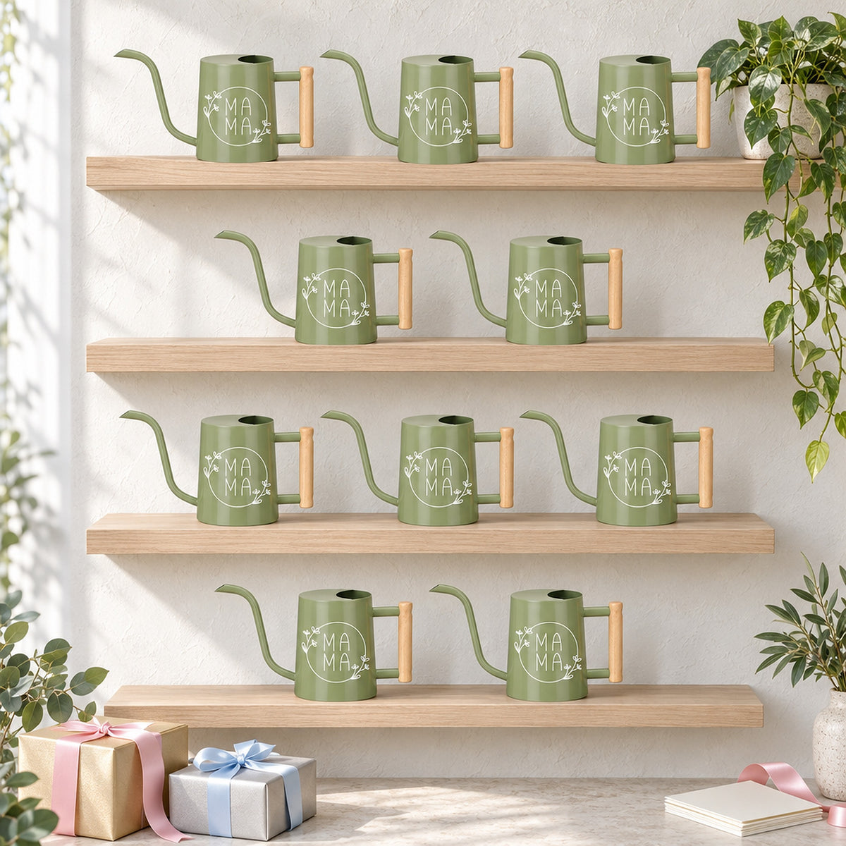 sage green 10-pack pack of watering can - mama floral for sale, earthy botanical tint, smooth matte texture, effortless pouring control angle, perfect for windowsill herb gardens, great gardening gift