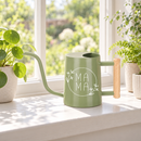 gray watering can mama floral for sale, cool gray shade paired with intricate mama floral pattern, angled spout nozzle for targeted watering, versatile design fits modern and traditional decor, perfect for seed starting and potted flower care, ideal housewarming gift for new gardeners
