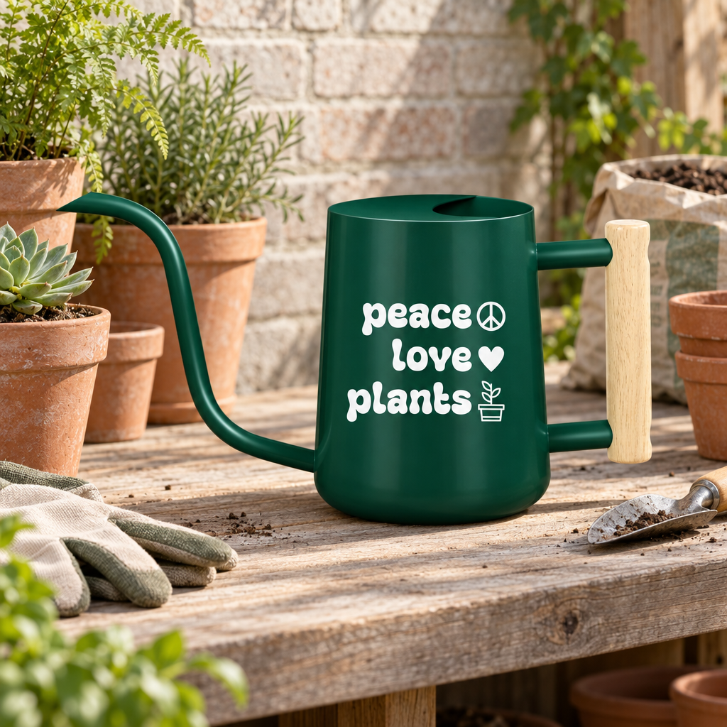 buy emerald green watering can peace love plants online, stunning forest green shade with stylish botanical text overlay, 2-liter capacity for larger watering sessions, glossy protective finish with ergonomic pouring control, perfect for balcony gardens and patio plant displays, sophisticated gift for garden-loving friends