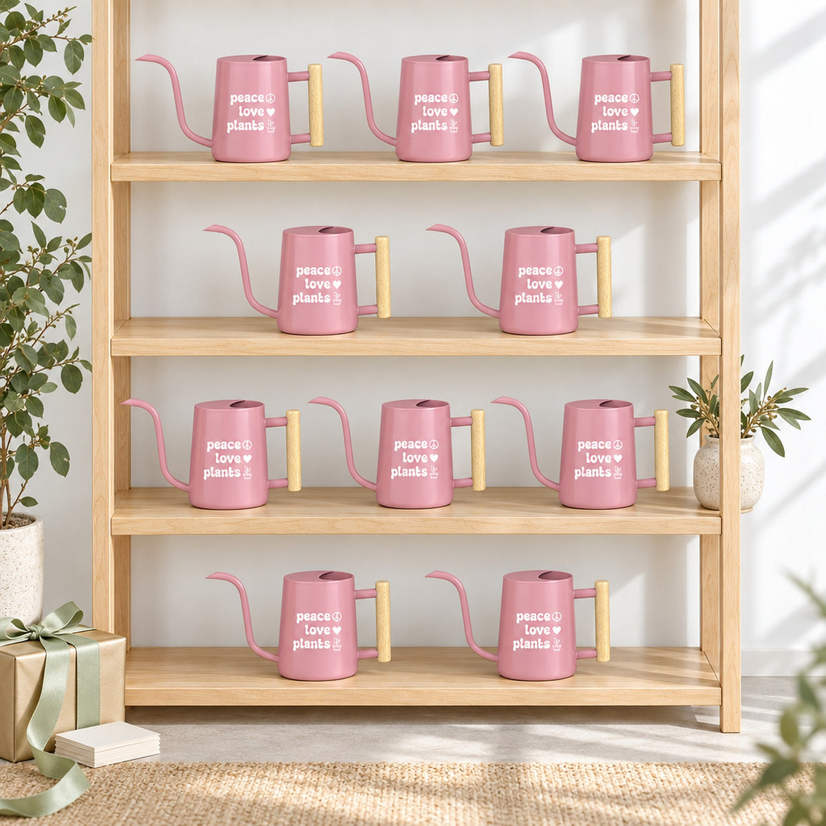 sage green pack of watering can - peace love plants for sale, durable iron build, soft matte color, compact handheld size, ergonomic handle, great for small houseplants, unique plant lover gift