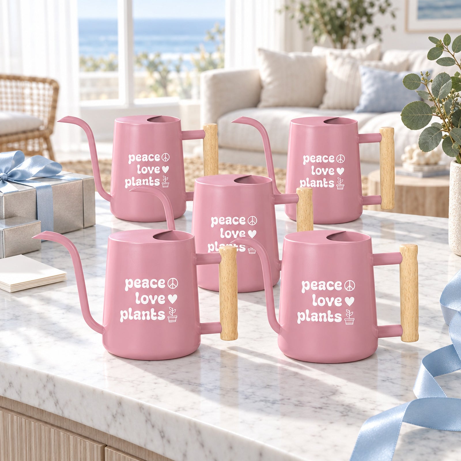 buy pack of watering can - peace love plants 5-pack online, classic metal construction, vibrant finish, lightweight design, convenient spout, ideal for indoor planters, great gardening gift