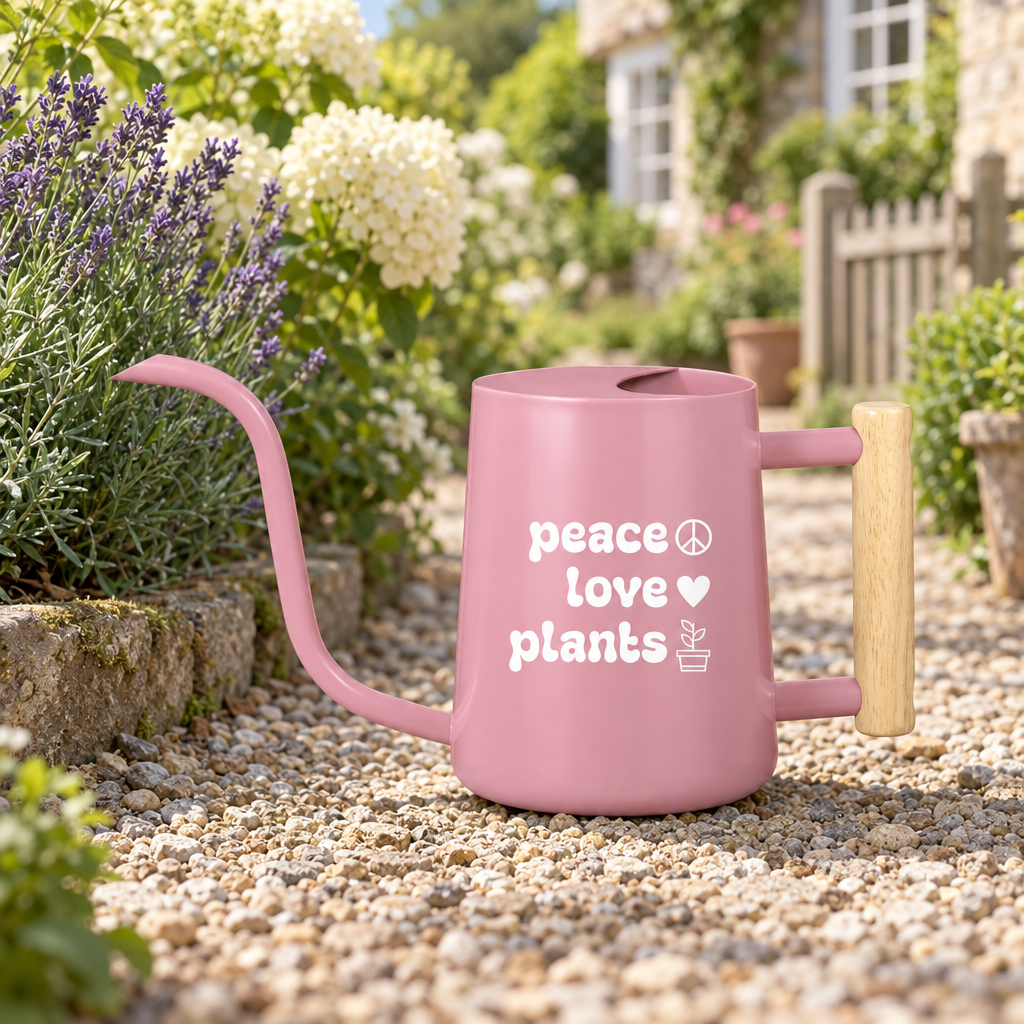 buy black watering can peace love plants online, minimalist jet black with embossed botanical artwork, 1.5-liter capacity with comfortable long handle, contemporary design fits modern home decor, perfect for maintaining indoor plant collections and decorative greenery, excellent present for sustainable living enthusiasts