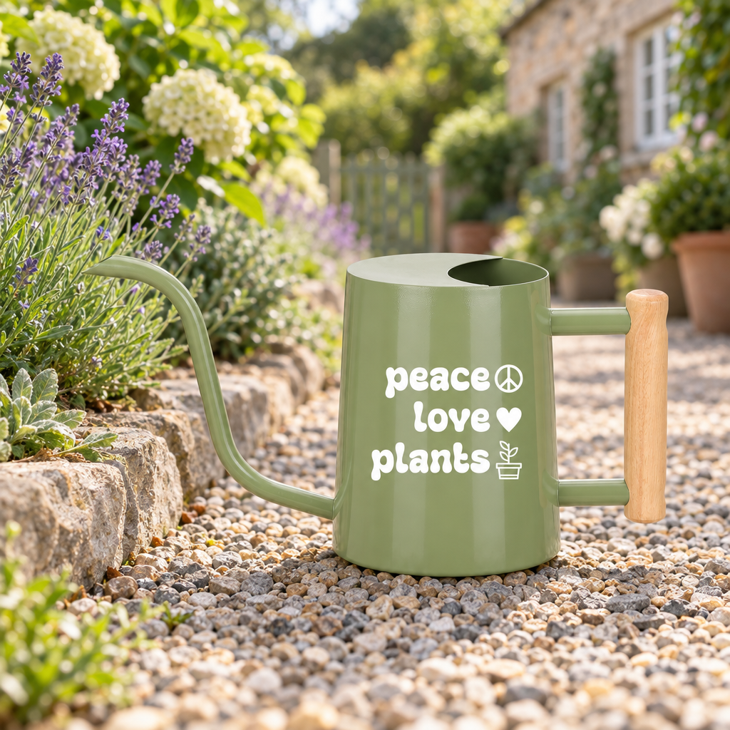 buy black watering can peace love plants online, sophisticated charcoal black with elegant botanical typography, generous 2.5-liter capacity for efficient watering sessions, premium matte finish with slip-resistant grip zones, perfect for seasonal plant rotation and garden maintenance, impressive gift for dedicated indoor gardeners