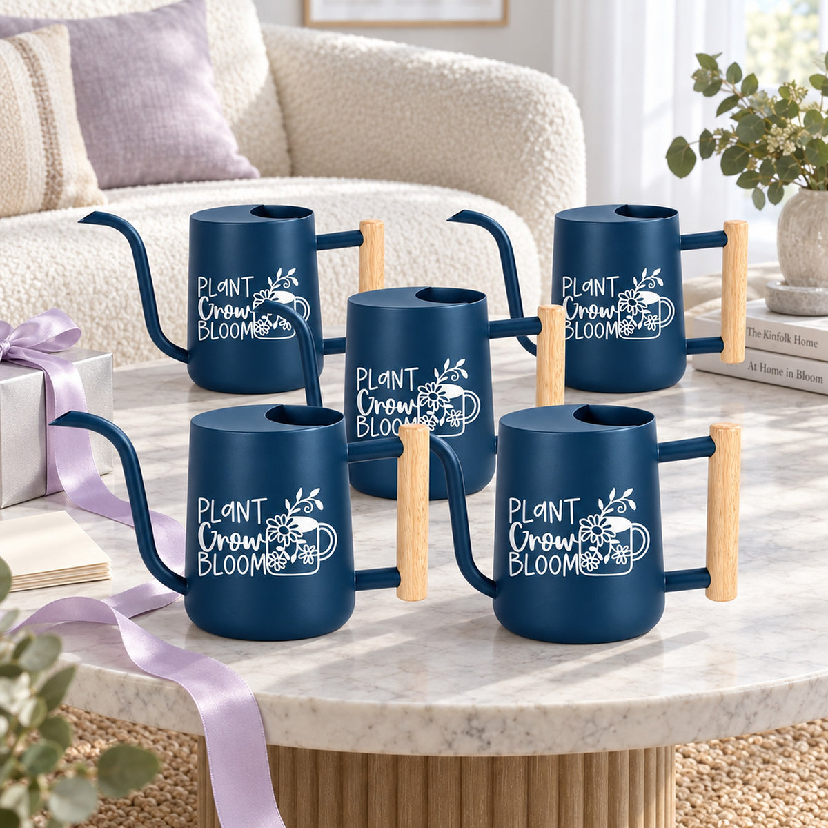 buy pack of watering can - plant grow bloom 5-pack purple online, dark lavender purple color, impact-resistant material, ergonomic side grip, ideal for tabletop planters, great gardening gift