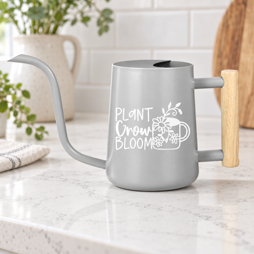 buy watering can plant grow bloom gray online, sophisticated gray finish with long reach spout, 2-liter volume, minimalist aesthetic design, ideal for modern apartment plant displays, thoughtful gift for contemporary home decor lovers
