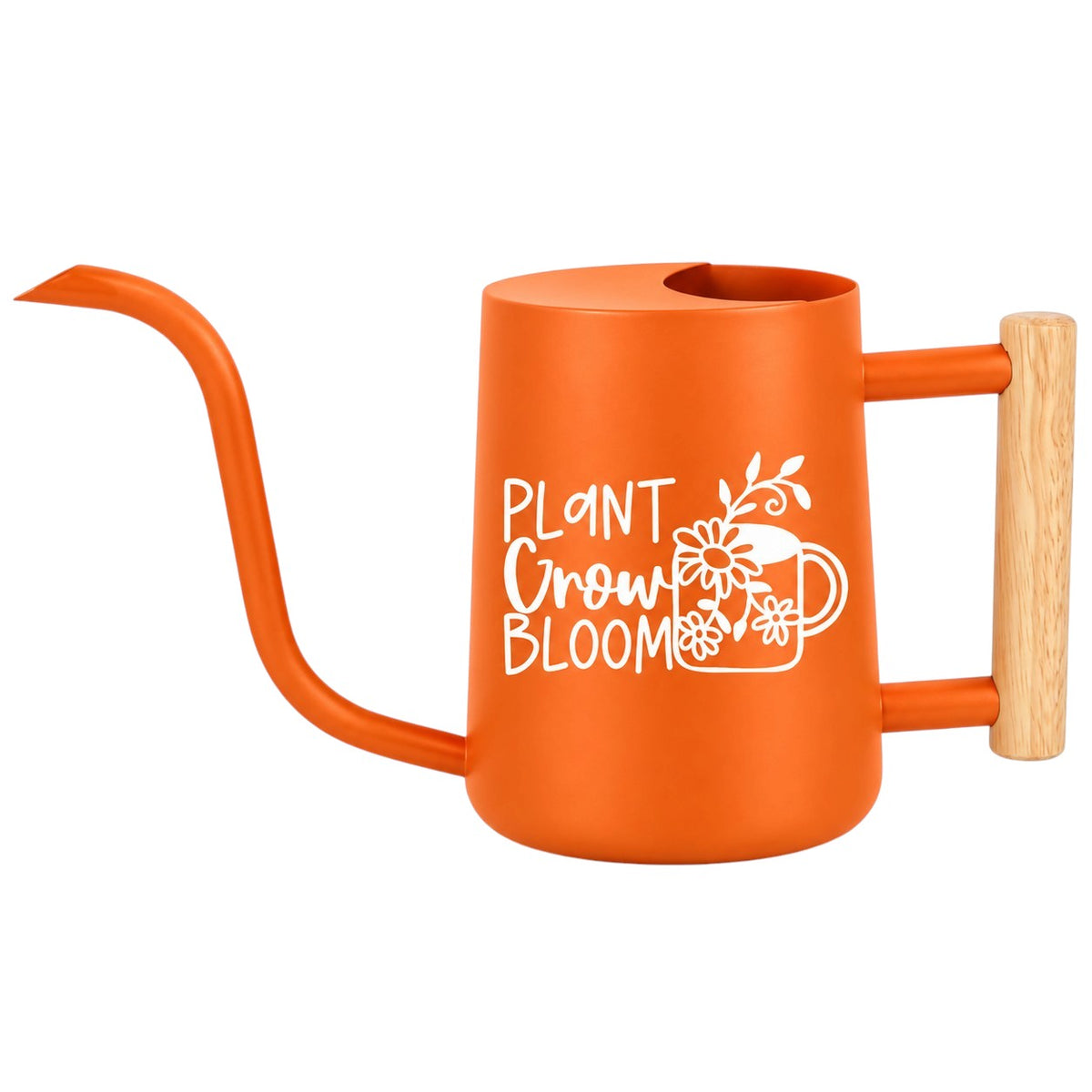 orange watering can plant grow bloom for sale, bright orange with angled spout design, 1.75-liter medium size, UV-resistant plastic material, great for patio flowering containers, unique housewarming gift for green thumbs