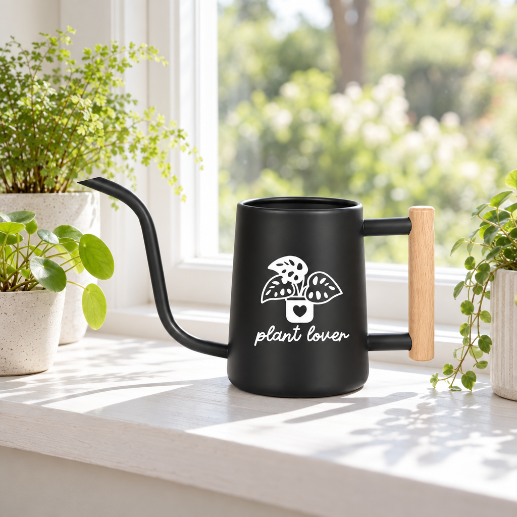 buy watering can plant lover black online, sleek matte black finish with ergonomic spout, durable plastic construction, 2-liter capacity, ideal for indoor planters and potted plants, thoughtful gift for plant enthusiasts