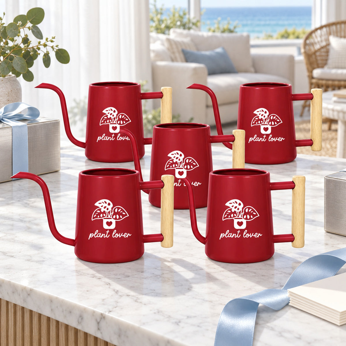 buy pack of watering can - plant lover 5-pack light blue online, pastel light blue finish, rust-resistant material, smooth pouring spout, great for balcony flora, lovely botanical gift