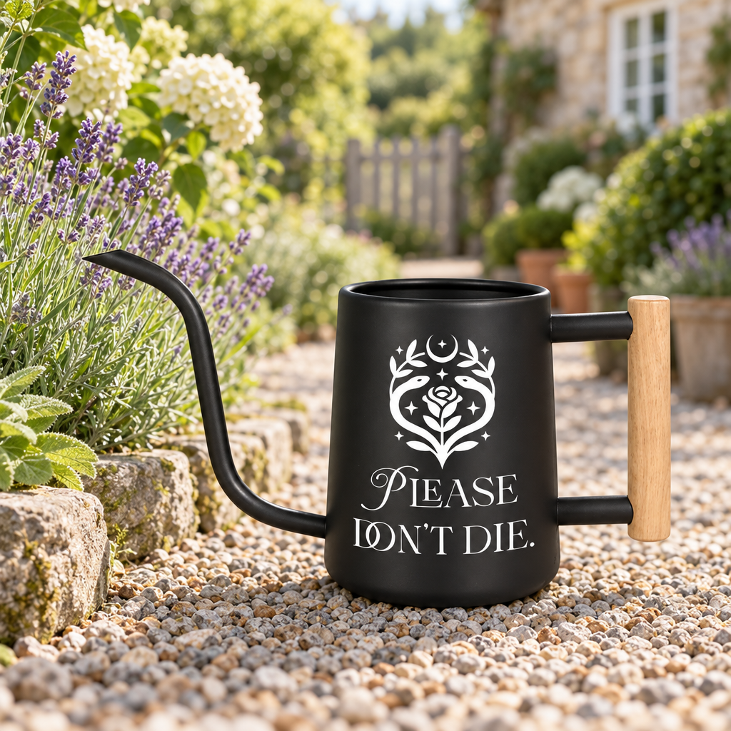 buy watering can please don't die black online, matte black finish with humorous typography, 2-liter capacity, lightweight plastic construction, ideal for indoor potted plants, unique gift for plant enthusiasts