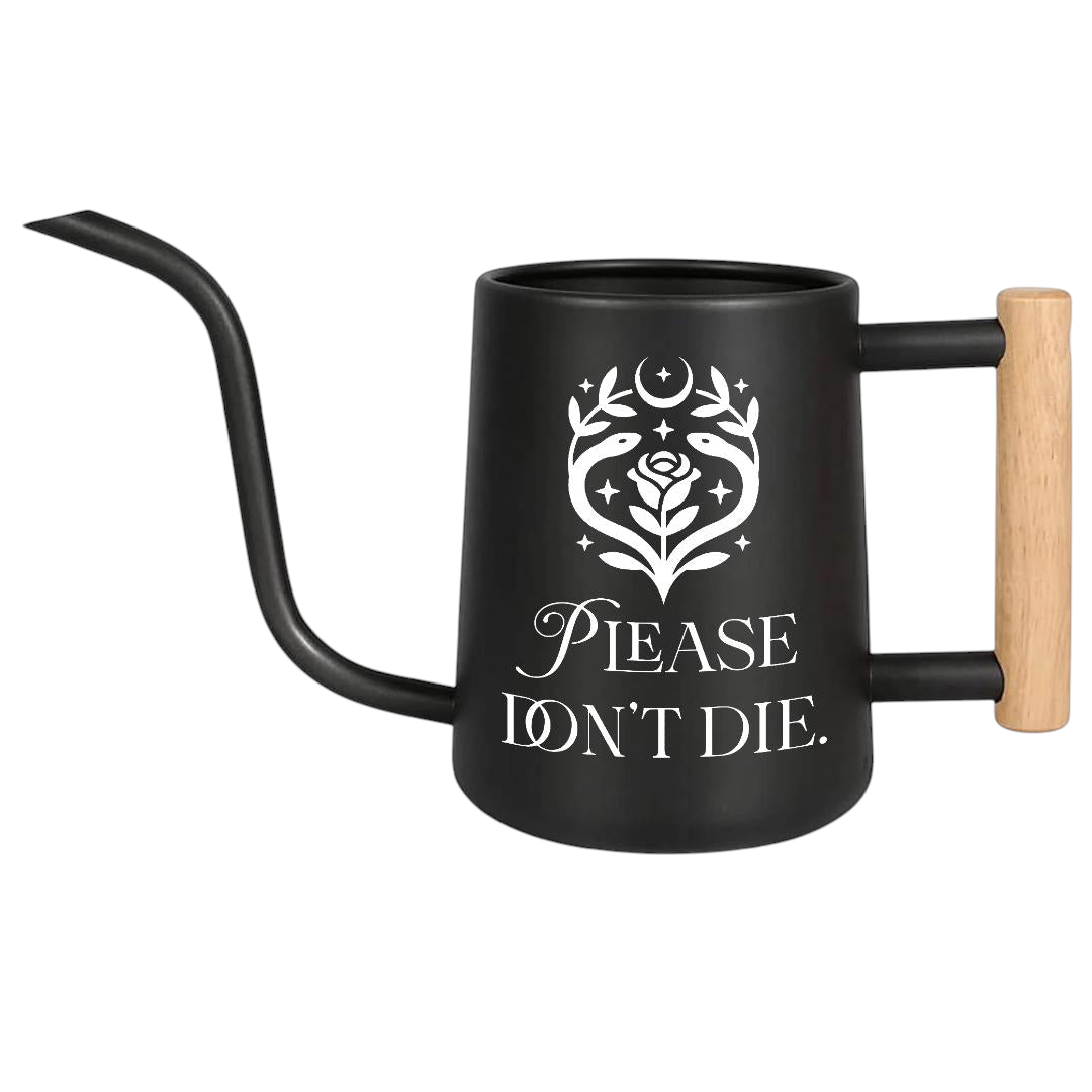 orange watering can please don't die for sale, vibrant orange color with motivational text design, ergonomic handle grip, durable polypropylene material, perfect for balcony and patio gardens, thoughtful gift for new plant parents