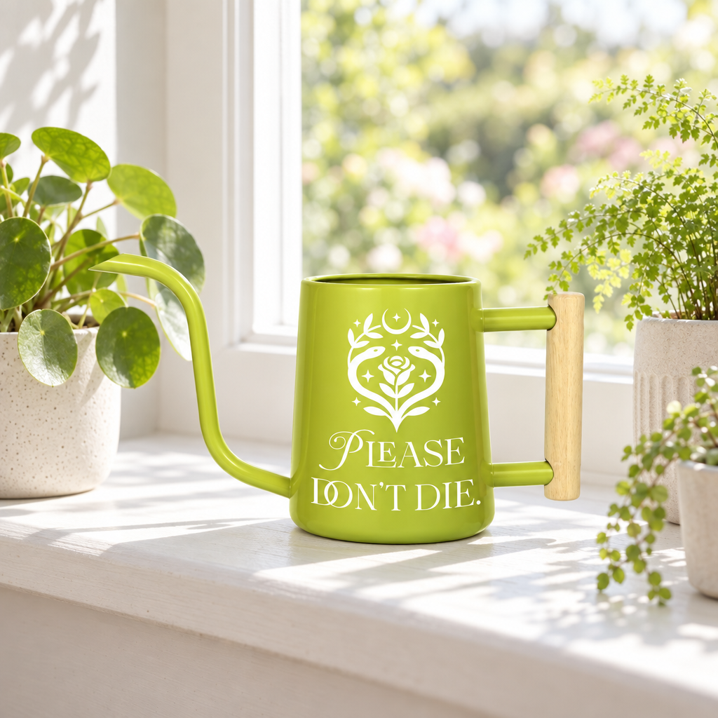 buy gray watering can please don't die online, understated gray design with charming botanical message, 1.5-liter volume, smooth plastic material, perfect for indoor plants and desk gardens, meaningful gift for plant lover coworkers