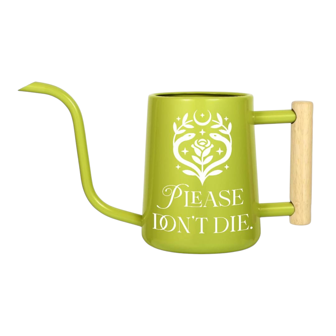 buy watering can please don't die black online, durable plastic construction with humorous motivational text design, compact ergonomic spout for precise watering, available in black gray orange and pink color options, ideal for indoor houseplants and container gardens, unique plant lover gift for gardeners with a sense of humor