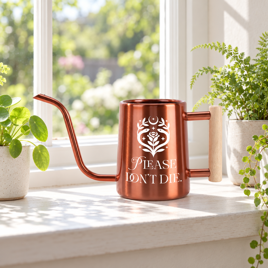 buy black watering can please don't die online, deep black surface with charming plant care humor, 2-liter capacity with measurement markings, sturdy handle construction, great for sunroom plants and indoor gardens, meaningful gift for green thumbs