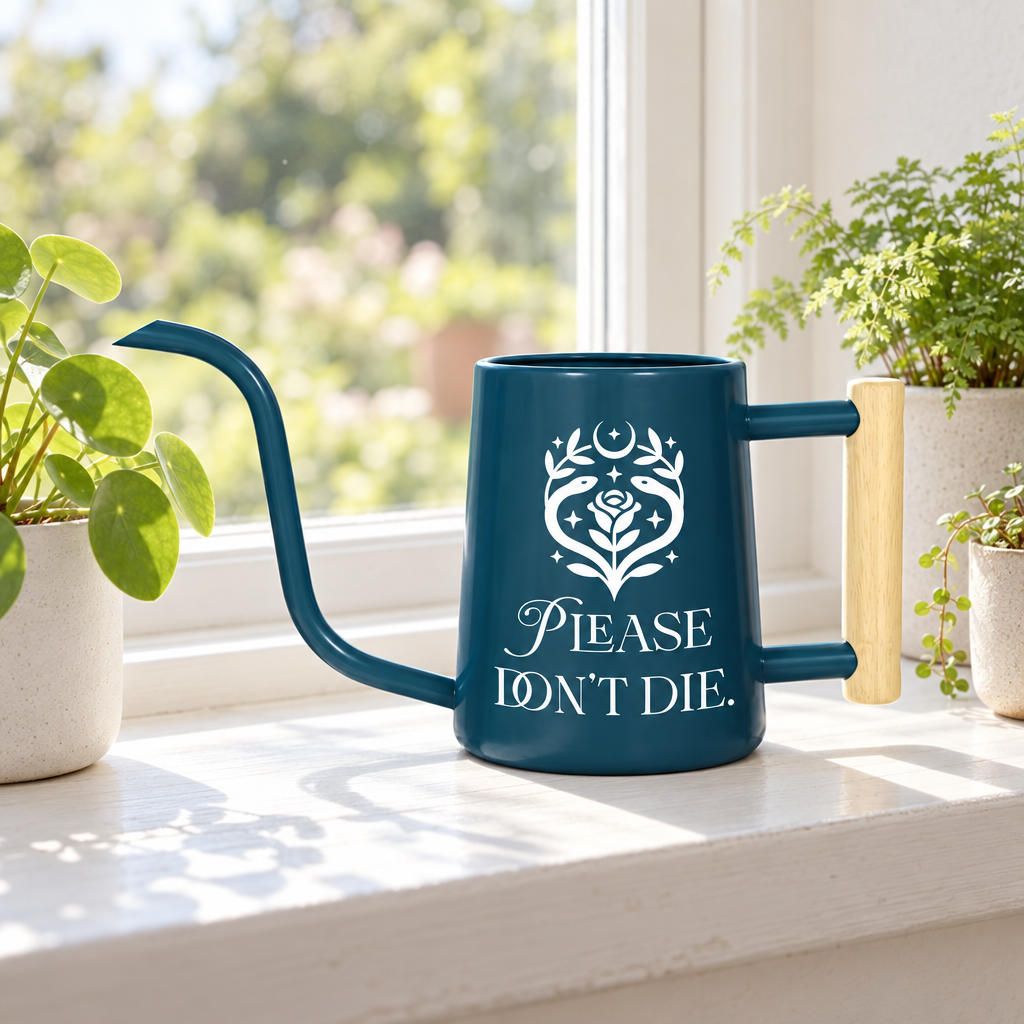 buy gray watering can please don't die online, neutral gray tone with humorous gardening message, compact 1.5-liter design, smooth durable material, ideal for office plants and cubicle greenery, unique gift for workplace plant parents