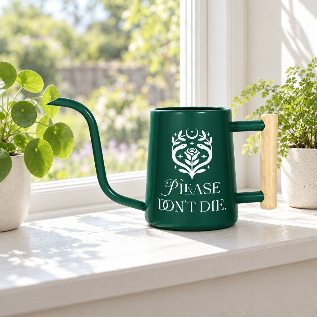 buy gray watering can please don't die online, elegant gray appearance with witty humor text, 1.5-liter size, smooth matte finish, perfect for contemporary plant displays, thoughtful gift for modern plant collectors