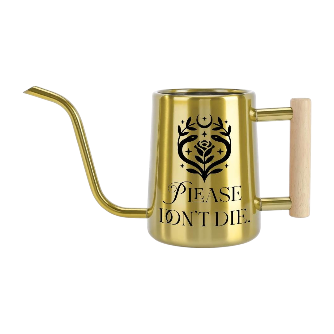 pink watering can please don't die for sale, soft pink coloring with playful encouragement text, rounded compact shape, easy-fill mouth opening, ideal for small apartment plant displays, sweet gift for plant enthusiast coworkers