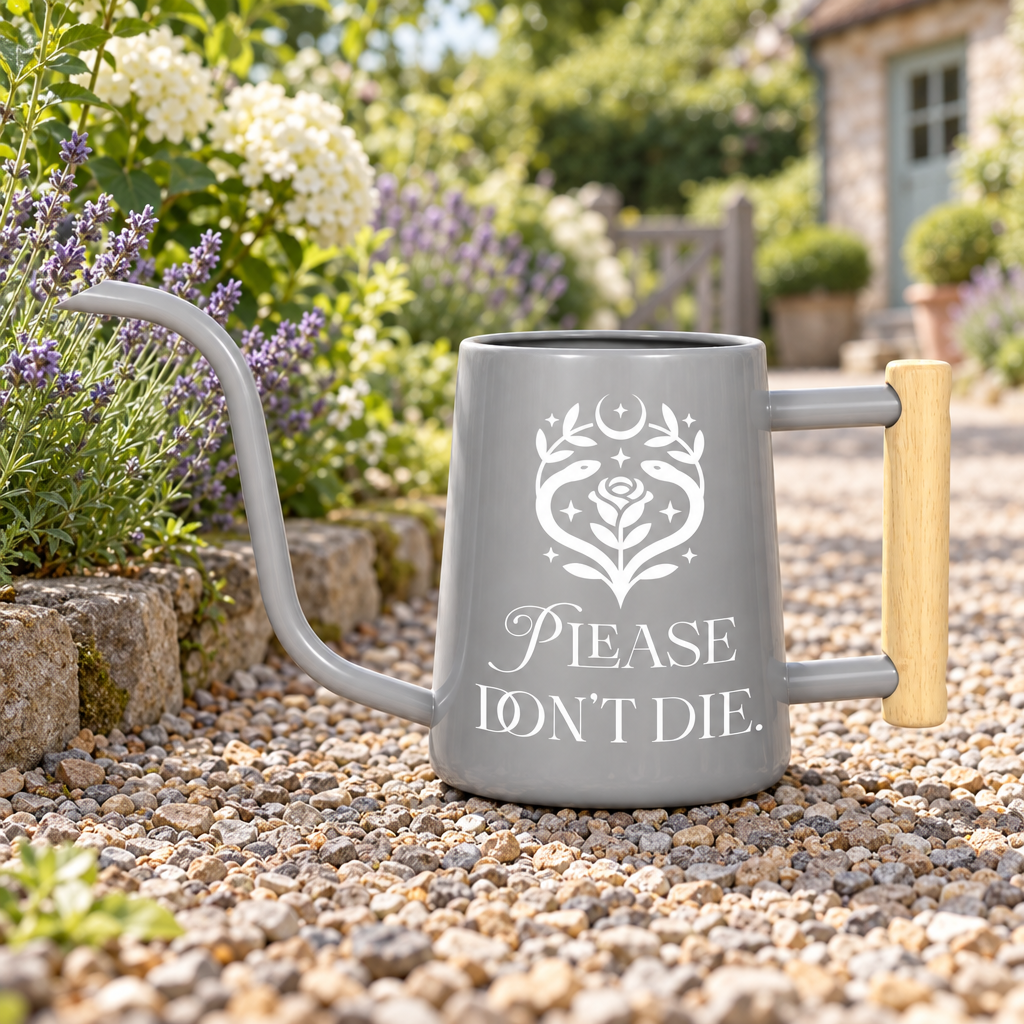 buy black watering can please don't die online, sleek black silhouette with witty botanical humor, wide mouth opening for easy filling, 2-liter capacity, perfect for kitchen herb gardens, great gift for kitchen gardeners