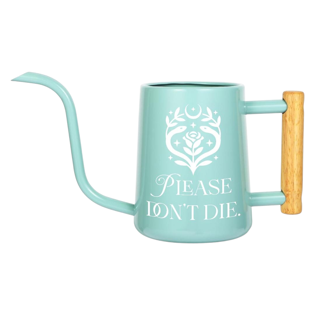 orange watering can please don't die for sale, vibrant orange design with cheerful plant care message, ergonomic handle for comfortable pouring, robust plastic construction, ideal for sunny patio plants, fun present for struggling gardeners