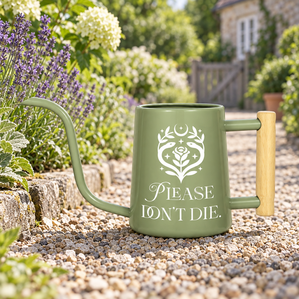 buy black watering can please don't die online, classic black coating with humorous motivational text, 2-liter capacity with easy-fill opening, sturdy construction, great for balcony plants and garden displays, perfect gift for beginner plant owners