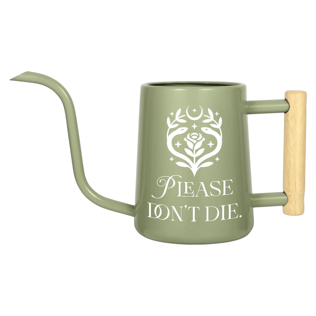 orange watering can please don't die for sale, bright orange exterior with witty plant care typography, ergonomic pouring handle, durable material, ideal for container gardening and patio plants, fun present for plant enthusiasts