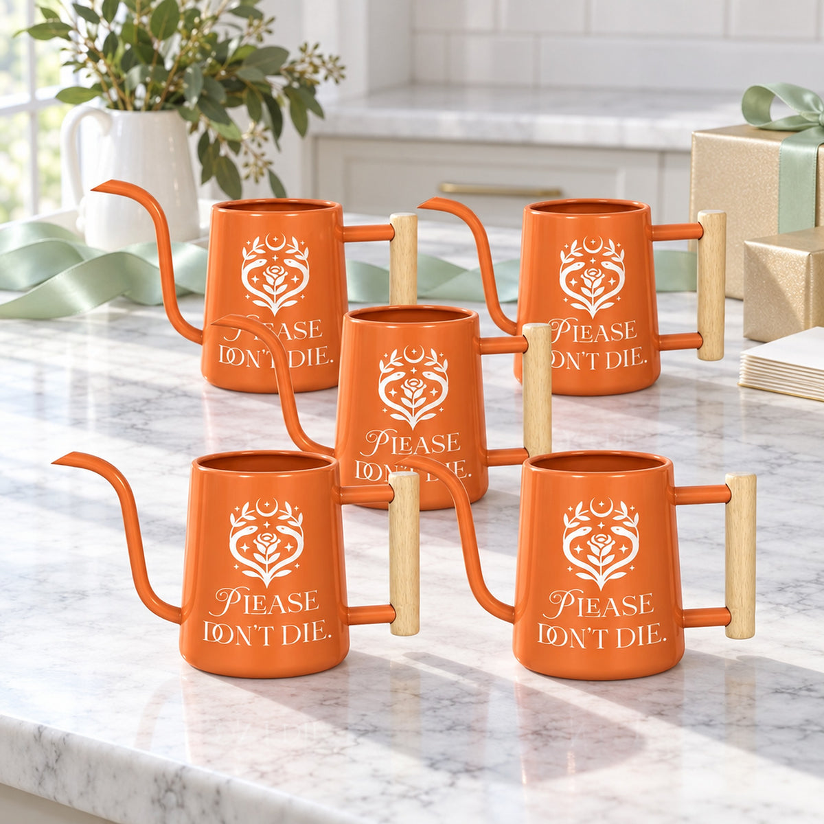 buy pack of watering can - please don't die 30-pack orange online, bright orange tint, weather-resistant plastic, easy-pour spout, ideal for greenhouse use, wonderful gardening gift